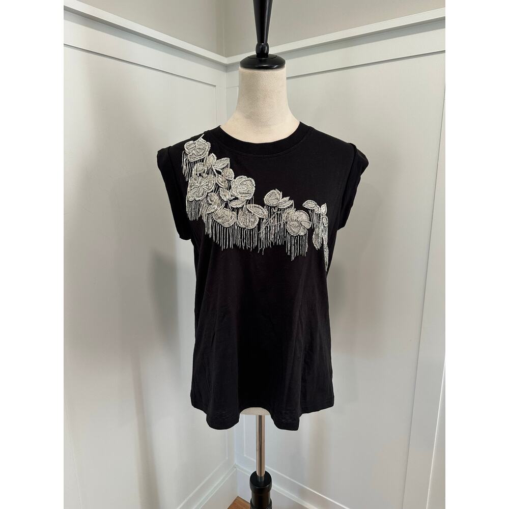 cinq a sept Black Short Sleeve Tee with Silver Floral Beaded Fringe